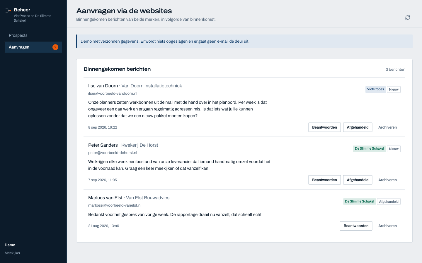 Tabblad Aanvragen met binnengekomen berichten van beide merken en hun status